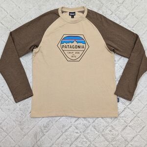 Patagonia Sweatshirt Mens M Brown Beige Fitz Roy Hex Lightweight Crew Raglan